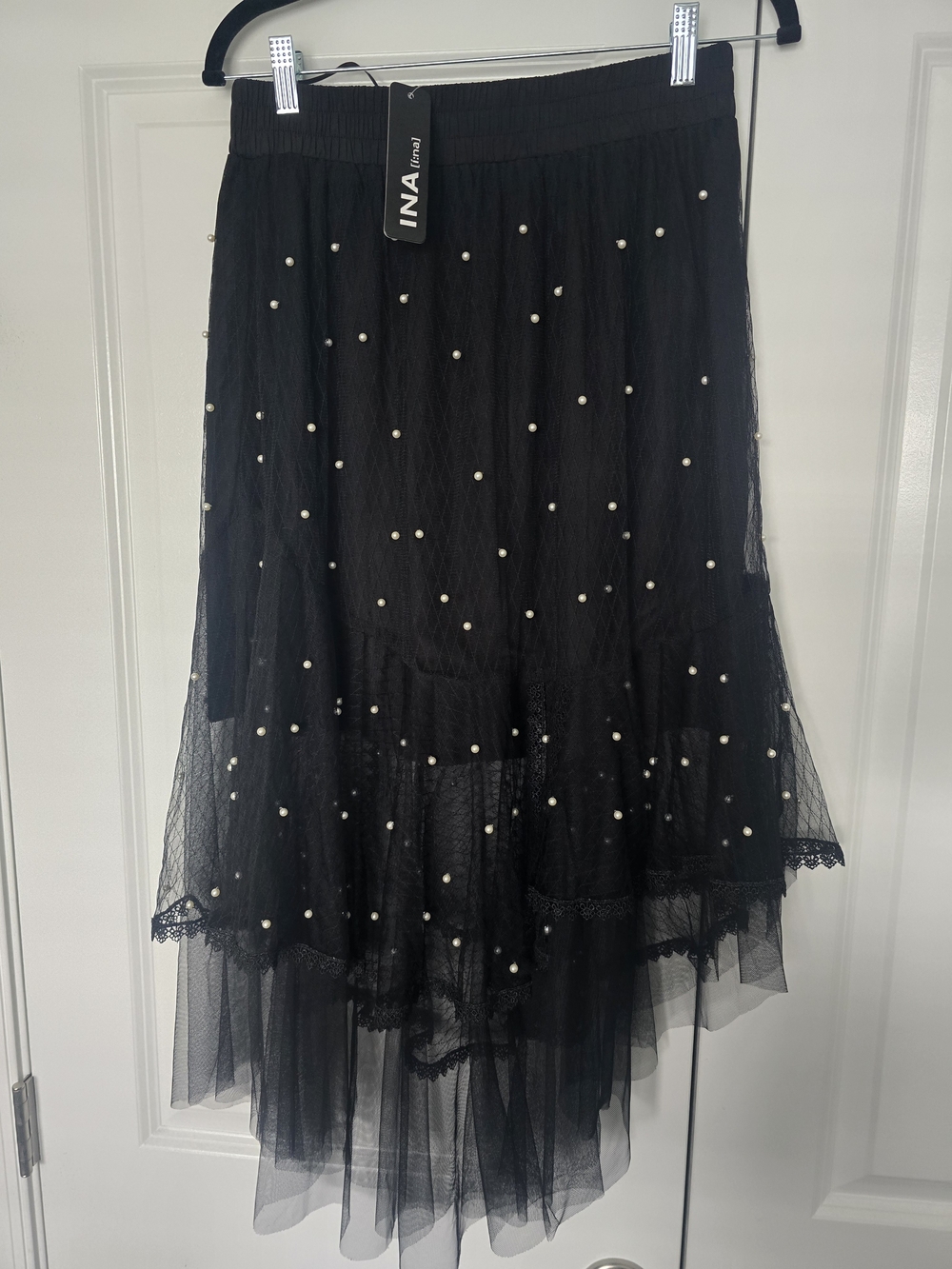 Ina Black Tulle High-Low Skirt with Pearl Accents